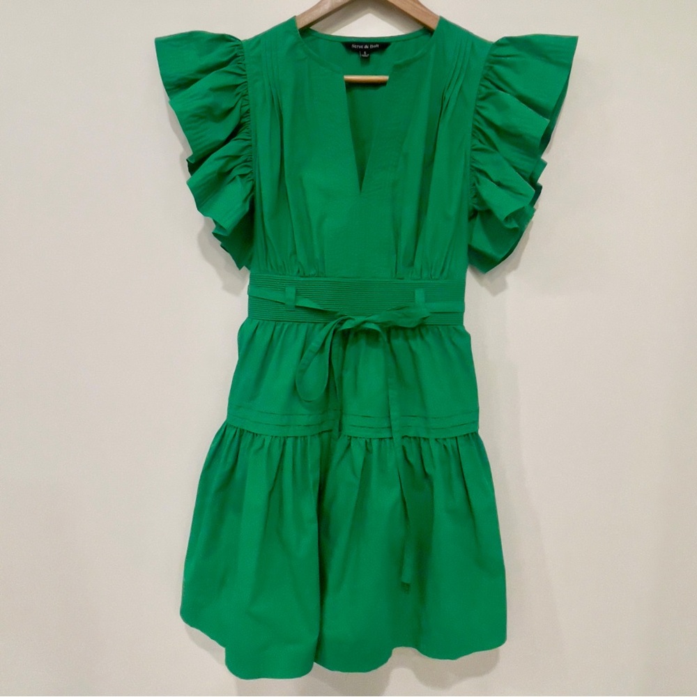 NWOT Strut & Bolt Kelly Green Ruffle Sleeve Mini Dress Small Game Day Resort - Picture 7 of 12